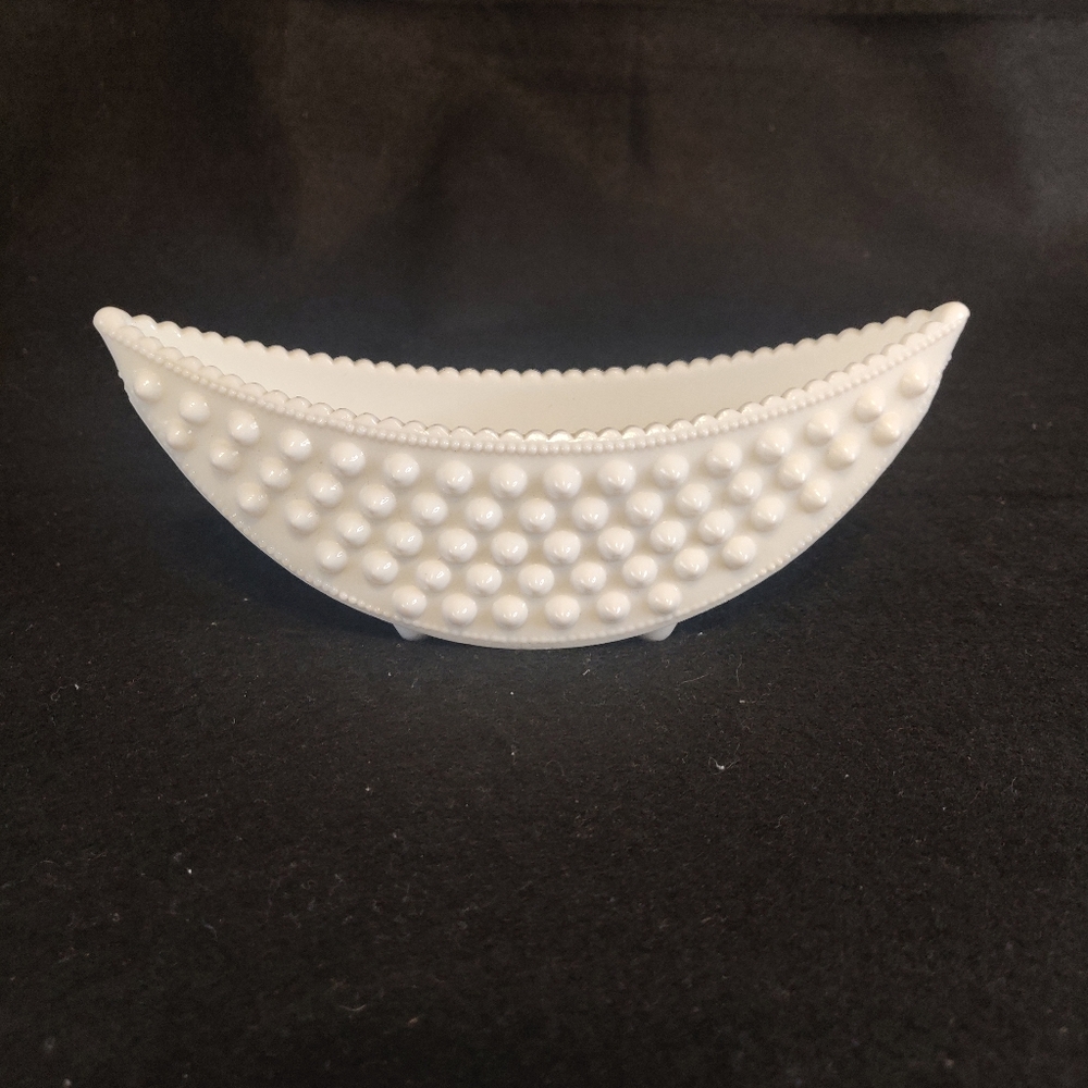 Fenton Canoe-Shaped Hobnail Milk Glass Footed Bowl
